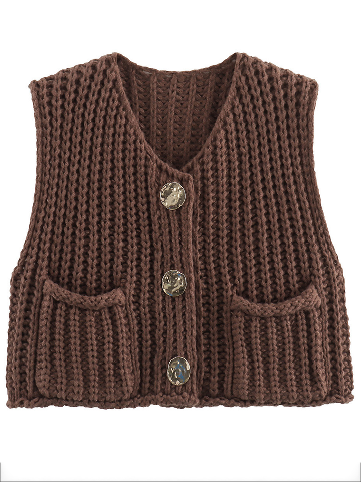 Damen Strickcardigan Ärmellos Mit Knöpfen Und Taschen