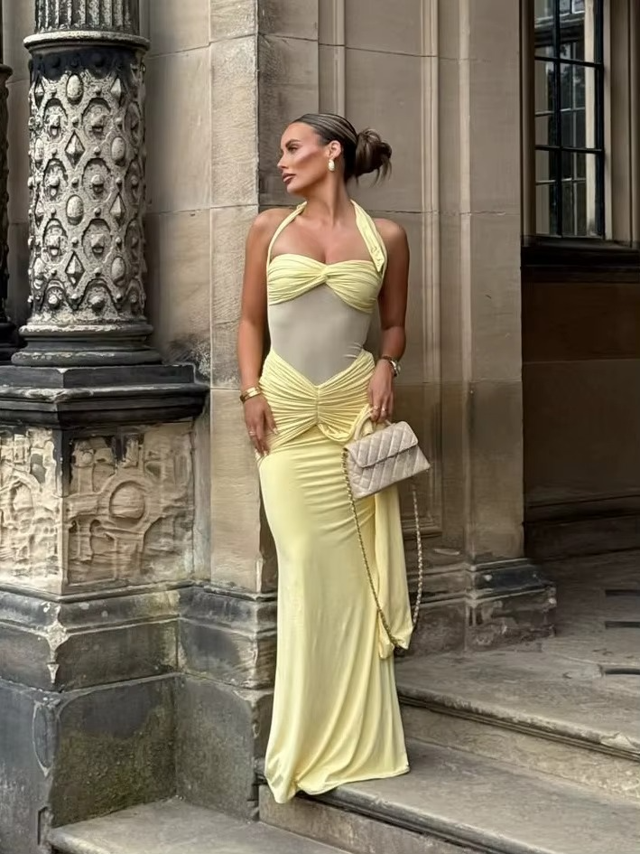 Halter gerafftes Bodycon-Maxikleid formendes Abendkleid