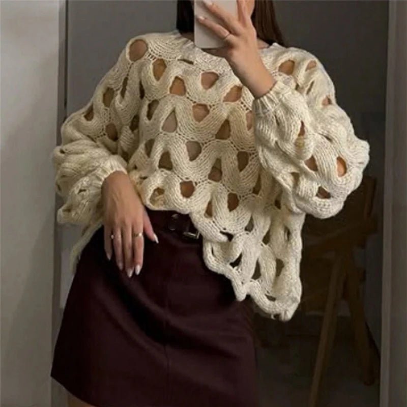 Damen Langarm Häkelstrickpullover Oberteil