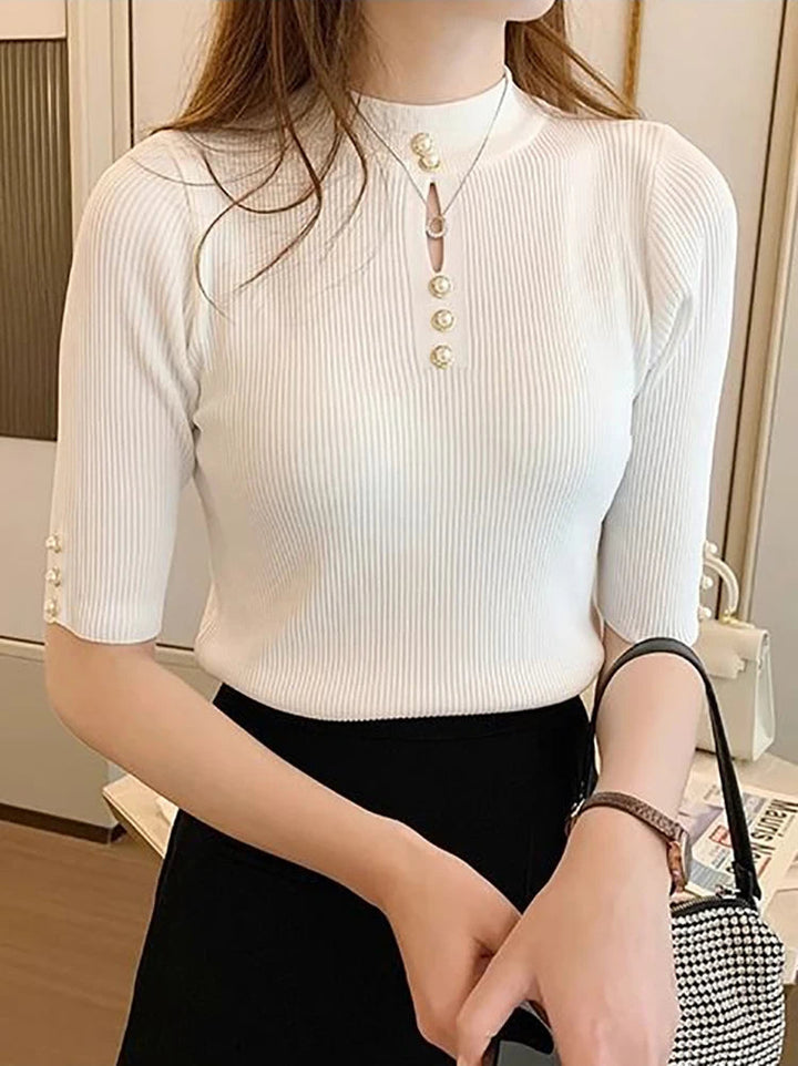 Damen Slim-Fit Strickpullover mit kurzen Ärmeln