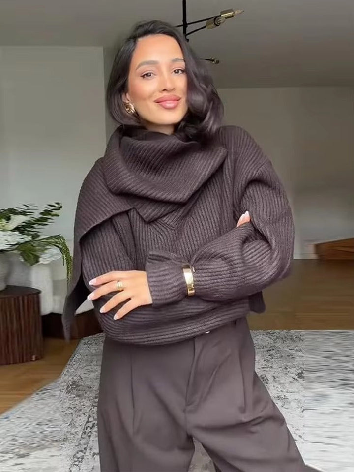 Schokoladenbrauner gerippter Pullover mit angenähtem Schal