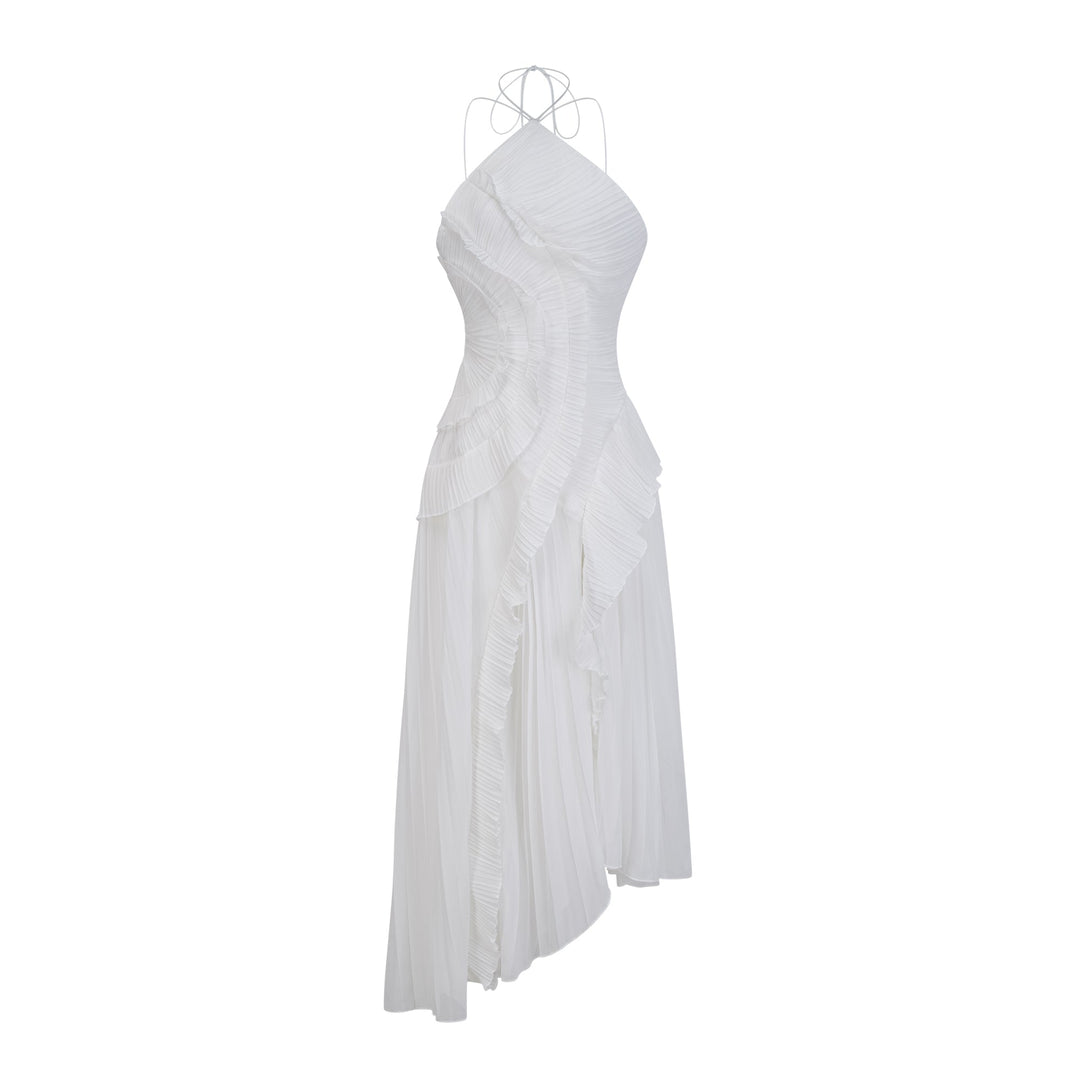 Weißes Midikleid mit Falten und Teerosen-Detail
