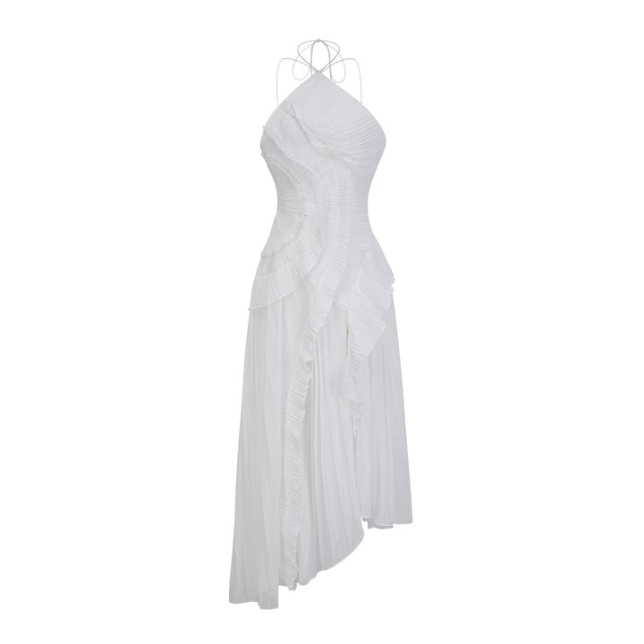 Weißes Midikleid mit Falten und Teerosen-Detail