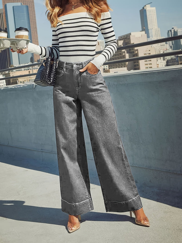 High-Waist Weite Stretch-Denim-Jeans mit umgeschlagenem Saum
