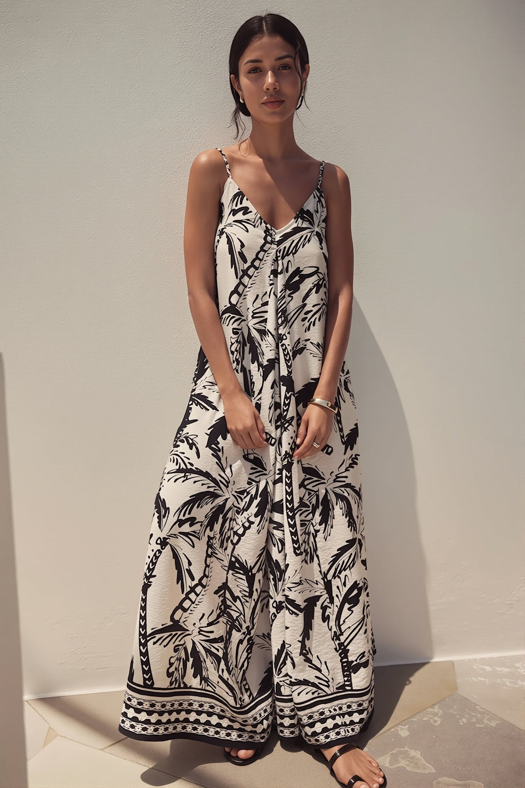 Damen-Maxikleid mit Pflanzenprint in lockerer A-Linie, Vorderansicht