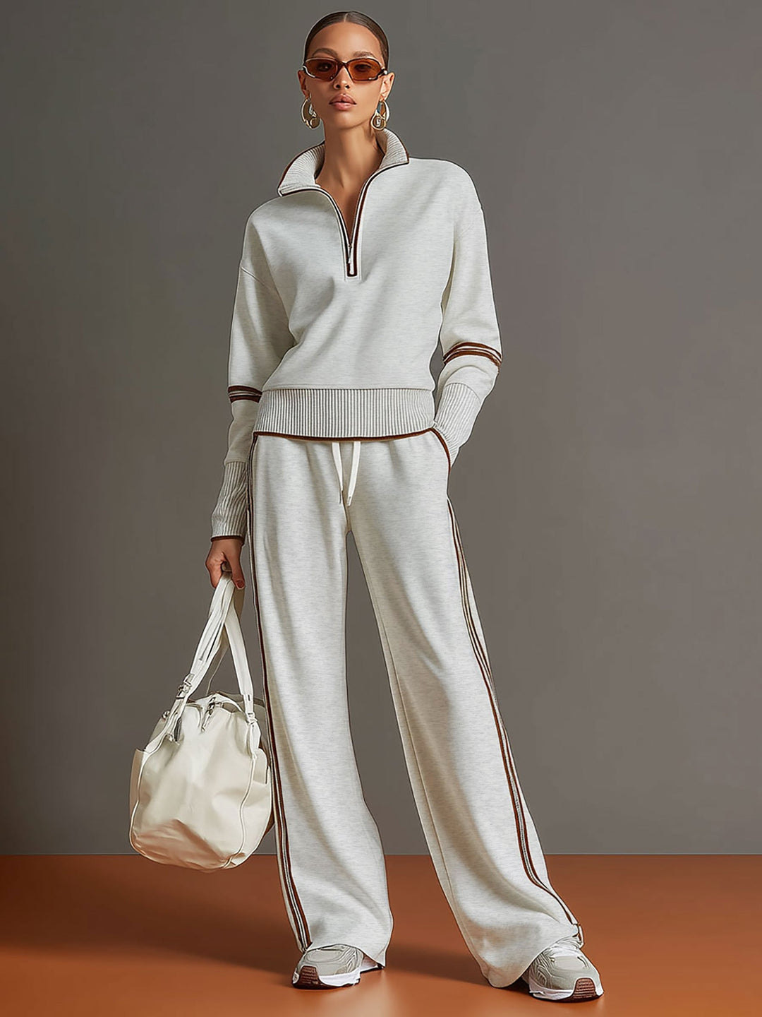 Pullover-Sweatshirt mit halbem Reißverschluss und weites Hosen-Set