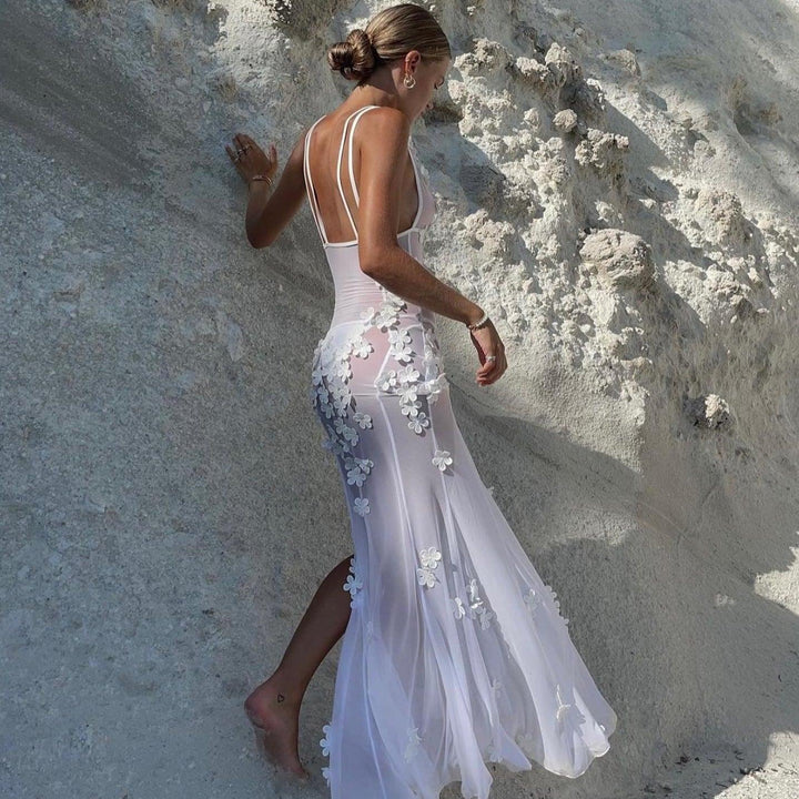 Weißes Maxi-Kleid mit Blütenmuster und Mesh für Damen