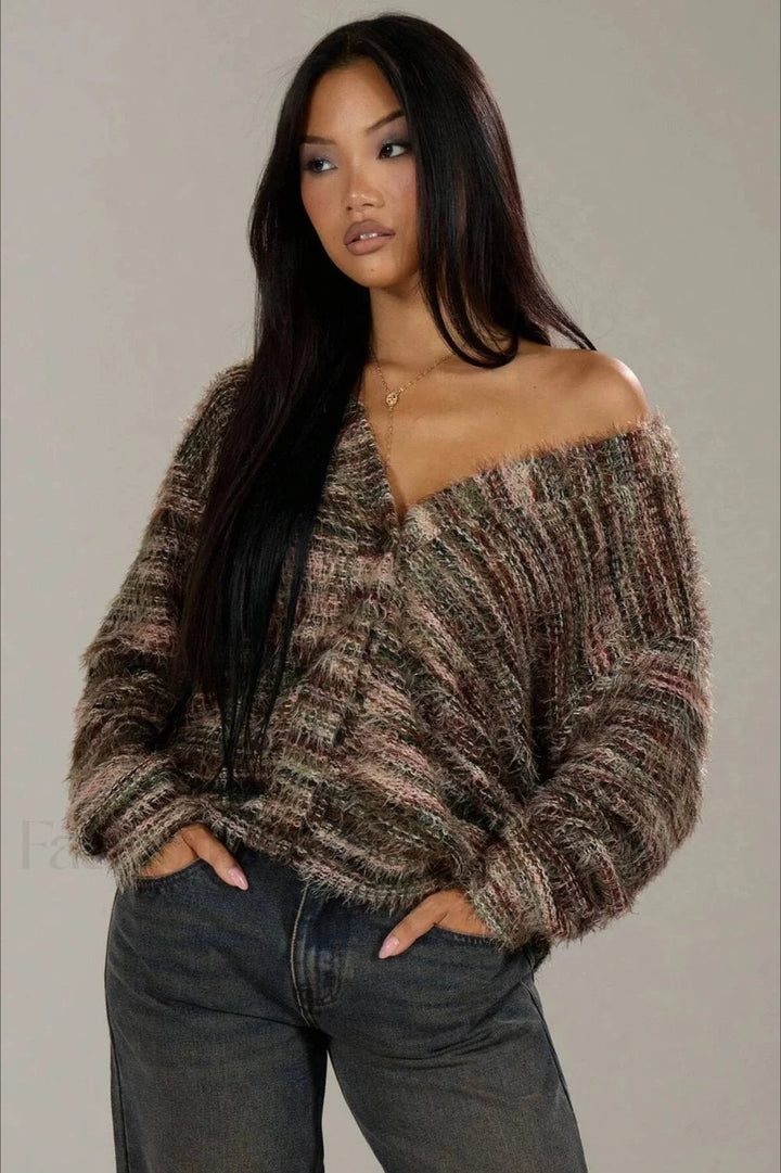 Gemütliche Vintage-Streifen Strickjacke mit V-Ausschnitt