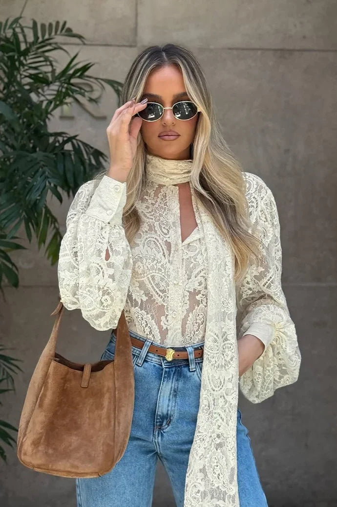Damen Transparente Spitzenbluse mit Schleifenkragen Aprikose