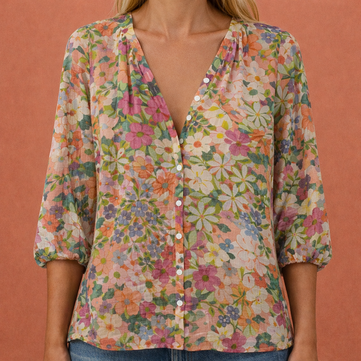 Damen V-Ausschnitt Bluse mit Knopfverschluss und Druckmuster