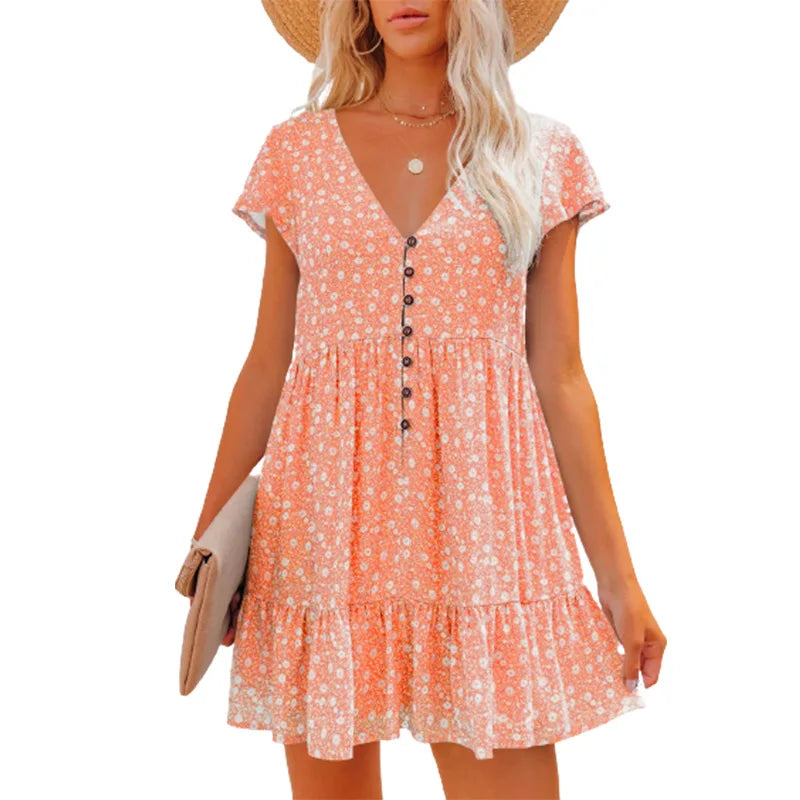 Damen Sommer Blumen V-Ausschnitt Falten Mini Kleid