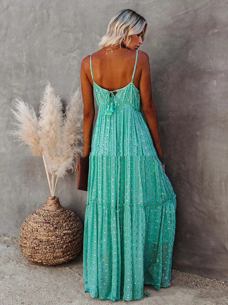 Boho-Chic grünes Maxi-Sommerkleid