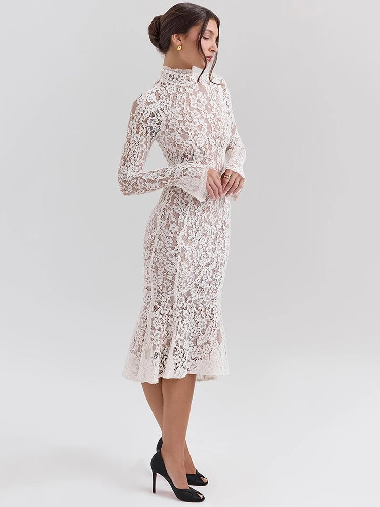 Kalentha® | Elegantes Spitzenkleid mit Stehkragen
