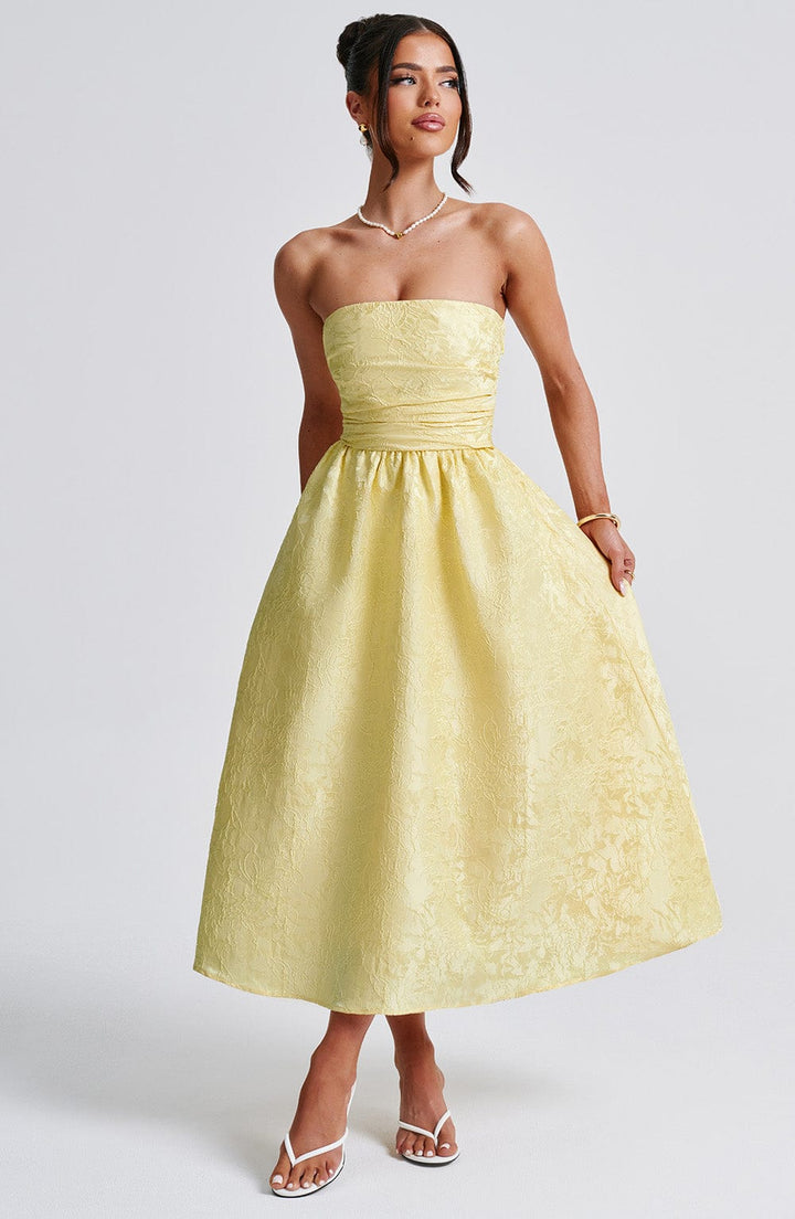 Floraler Jacquard Trägerloser Plissierter Midikleid Zitrone
