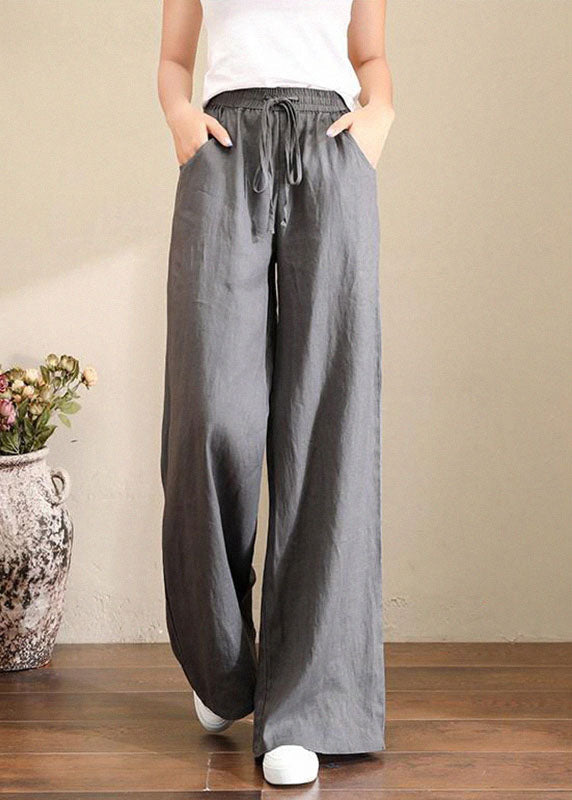 Französisch graue Leinenhose mit weitem Bein, elastischem Bund und Taschen