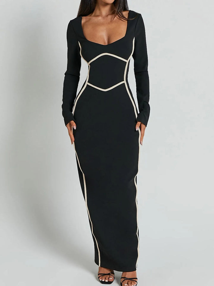 Maxikleid mit Kontrastbesatz, langärmlig und figurbetont