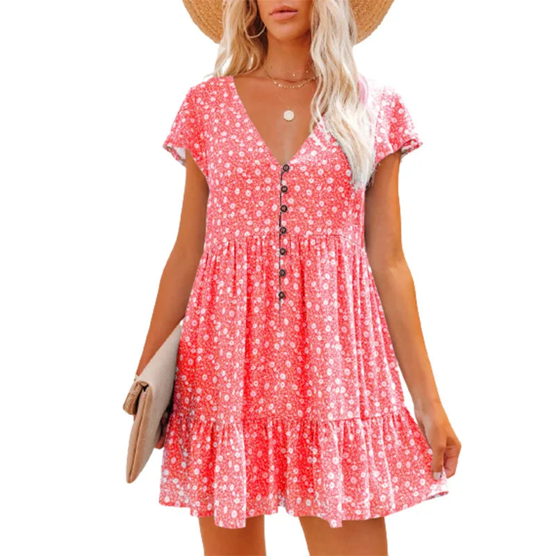 Damen Sommer Blumen V-Ausschnitt Falten Mini Kleid