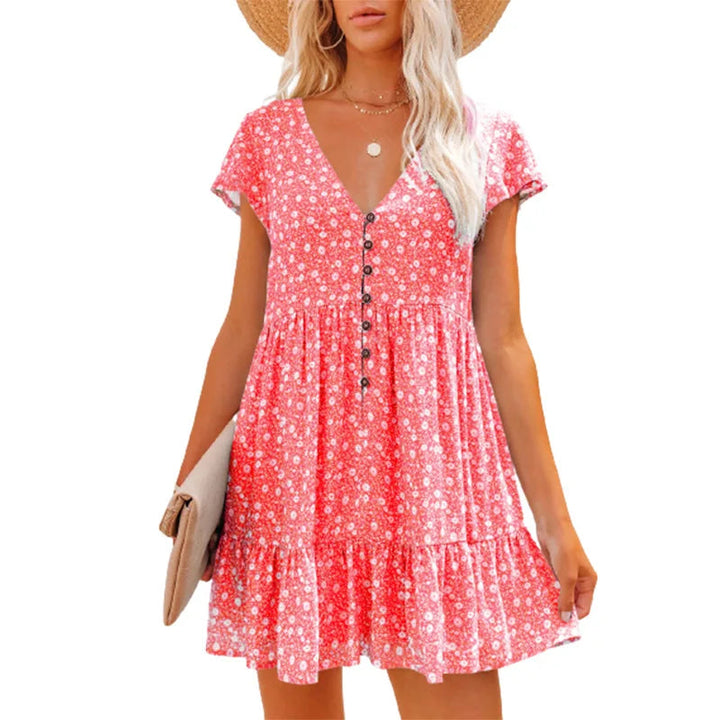 Damen Sommer Blumen V-Ausschnitt Falten Mini Kleid