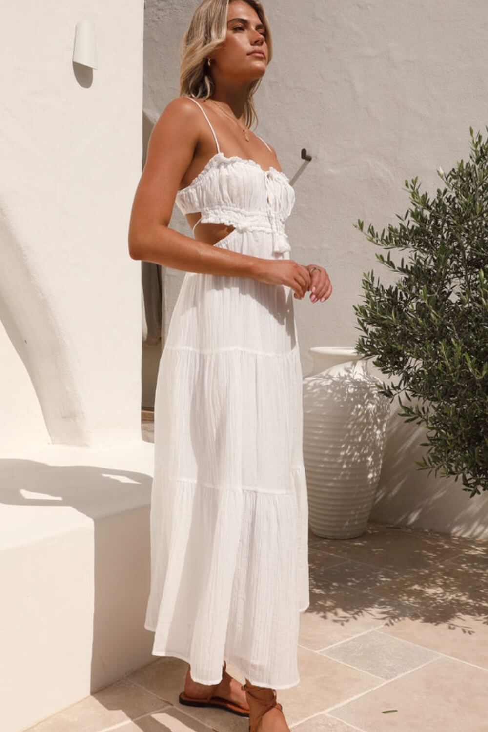 Midi-Kleid aus Chiffon-Baumwollmischung mit verstellbaren Riemen aus Band