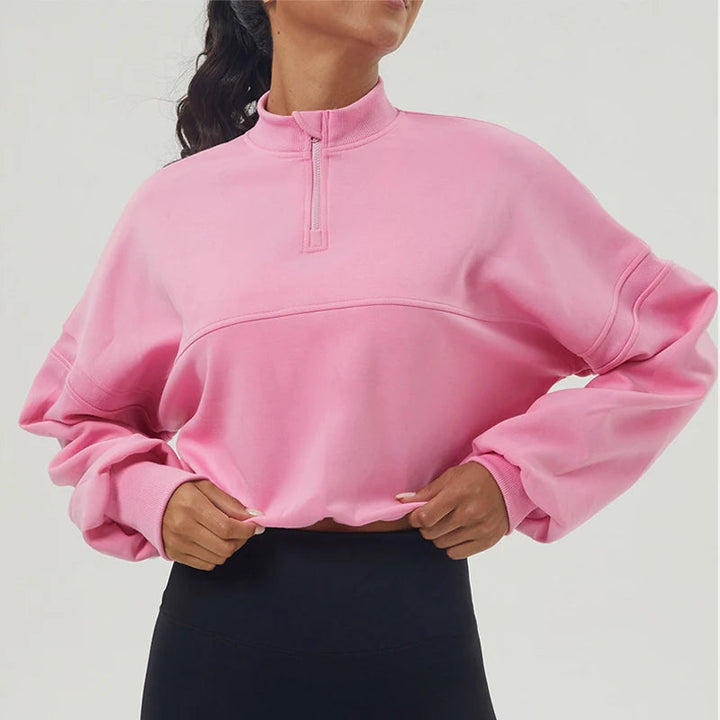 Übergroßes Sweatshirt aus Baumwollmischung mit halbem Reißverschluss für Damen