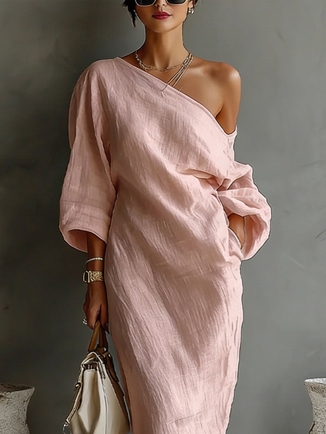 Maxikleid mit Ballonärmeln aus Leinen für Damen