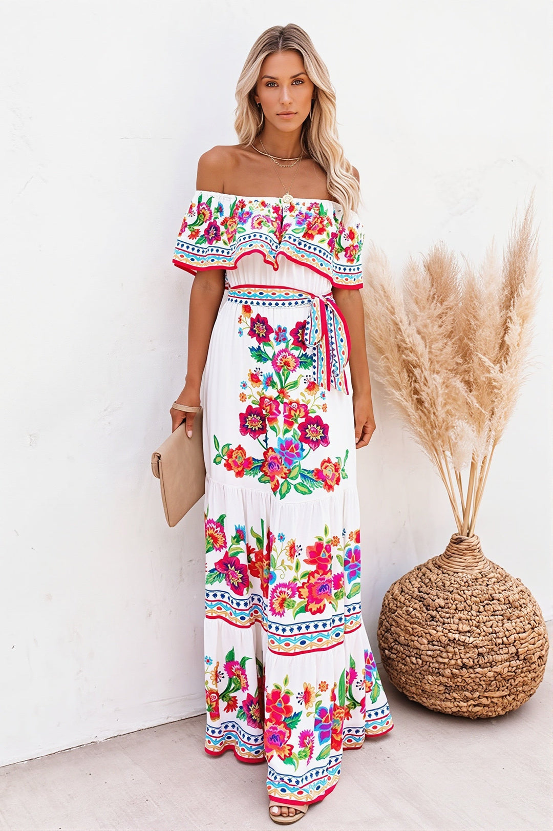 Damen Maxikleid Mit Blumenprint Und Volants