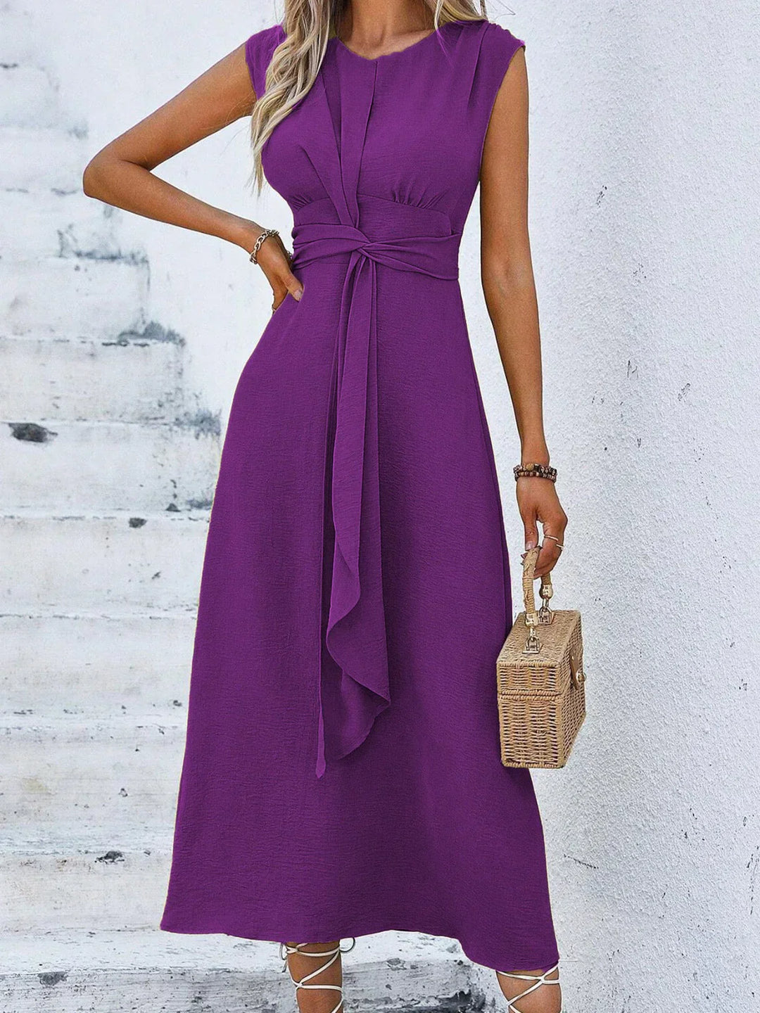 Damen Midikleid Mit Drapierter Taille Ärmellos