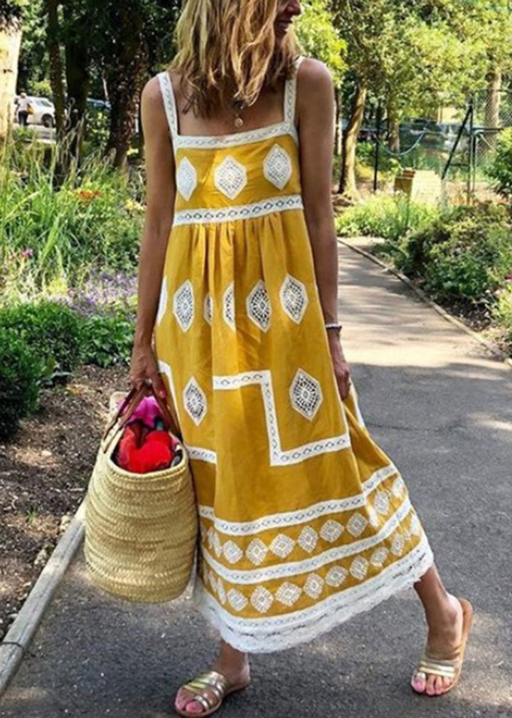 Gelbes Boho-Muster Maxikleid mit quadratischem Ausschnitt