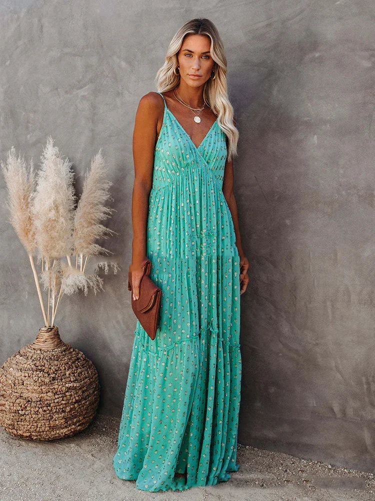Boho-Chic grünes Maxi-Sommerkleid