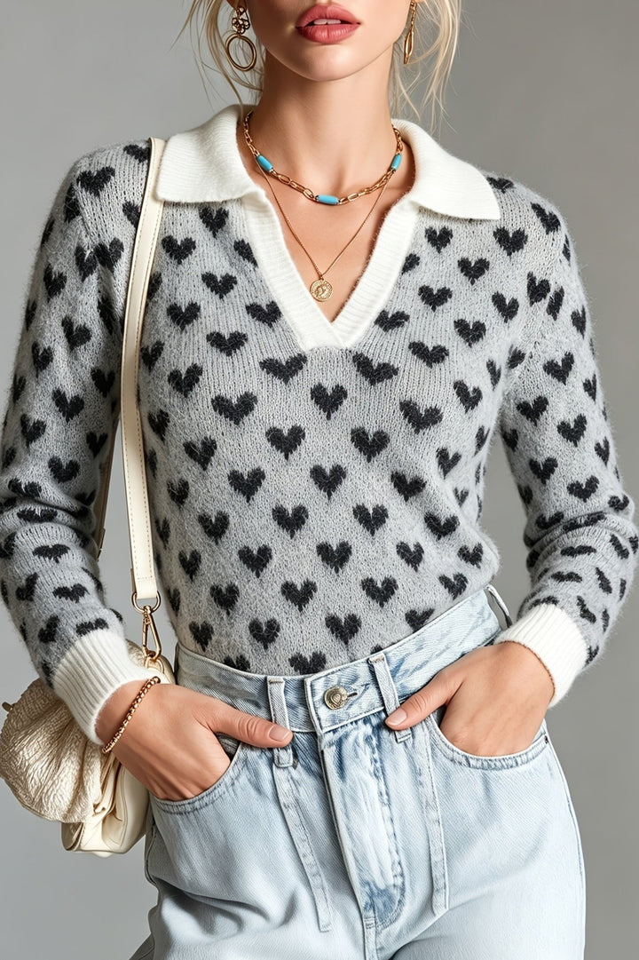 Damen Jacquard Strickpullover Mit Herzmuster