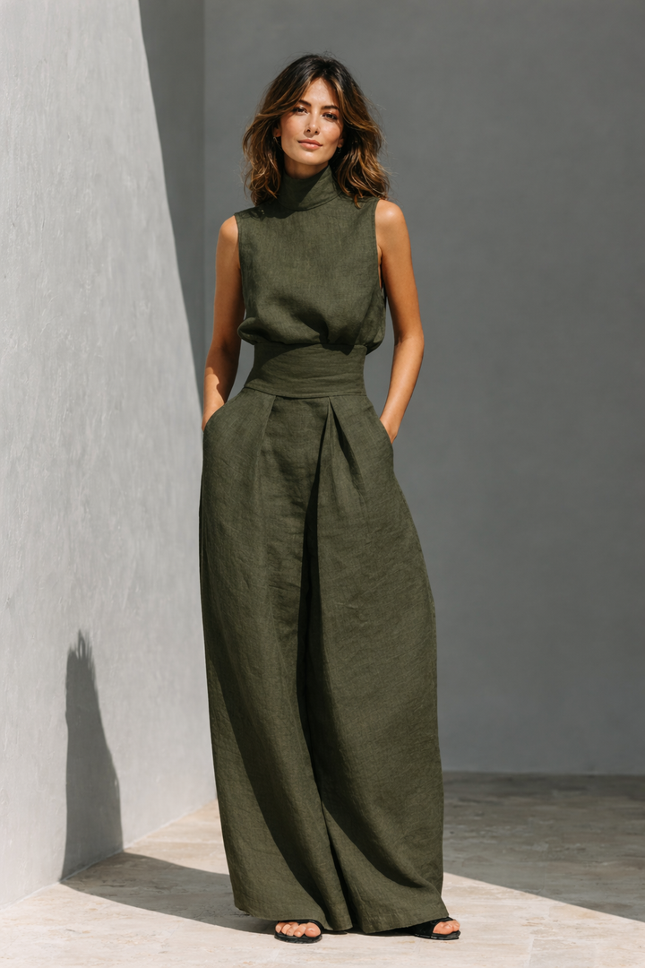 Minimalistisches Tanktop aus Baumwoll-Leinen und Hosen mit weitem Bein Set