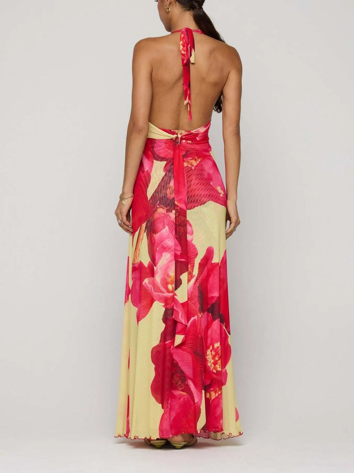 Maxikleid mit Blumenmuster, Neckholder und tiefem V-Ausschnitt