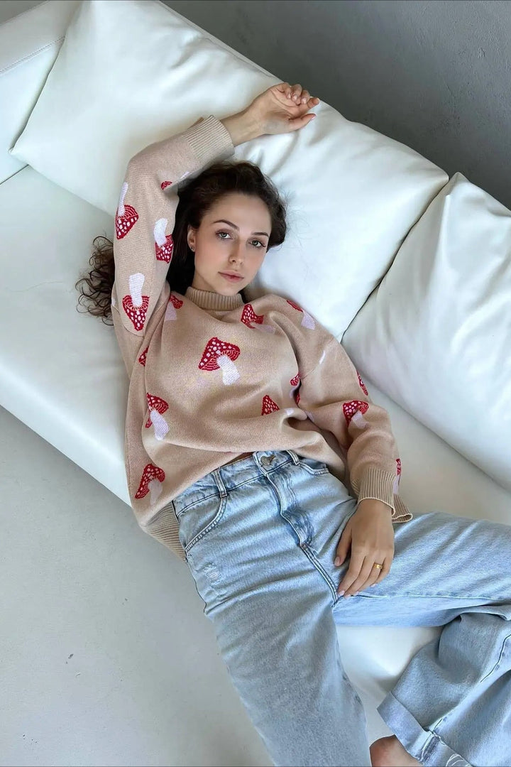 Gemütlicher Pilz-Jacquardstrickpullover