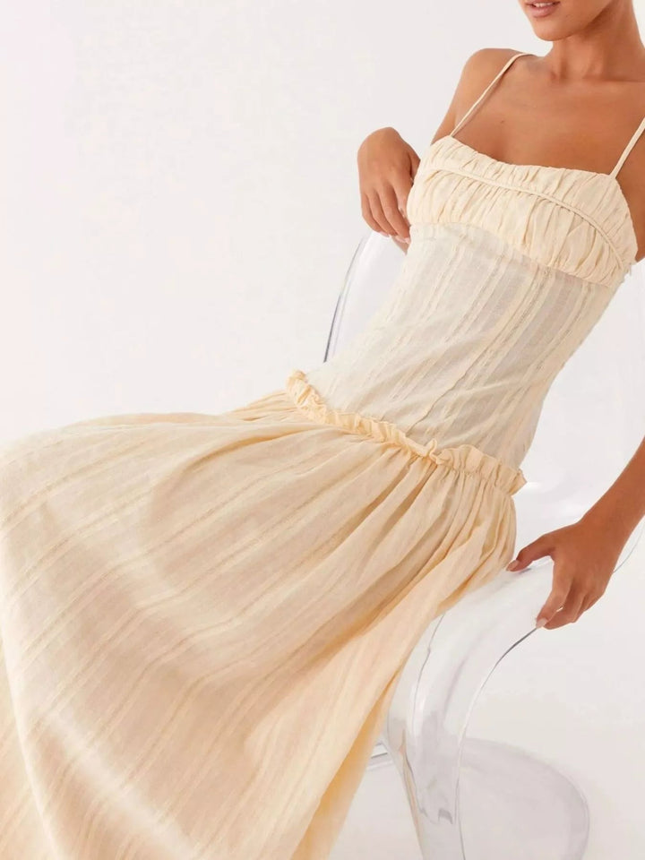 Maxikleid mit Rüschen und Gummizug, Spaghettiträger