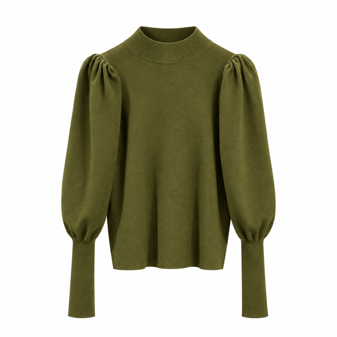 Women's Ribbed Knit Sweater With Stand-Up Collar And Puff Sleeves