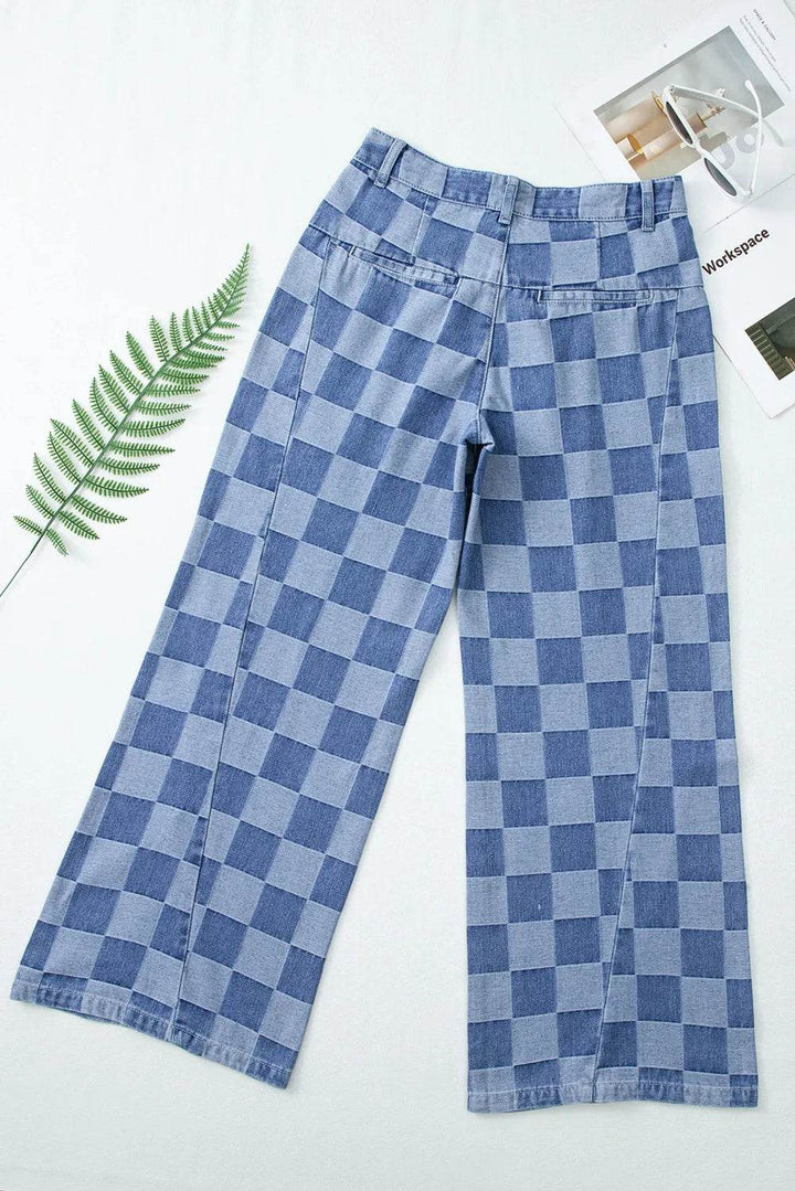 Karierte Jeans mit weitem Bein und Taschen