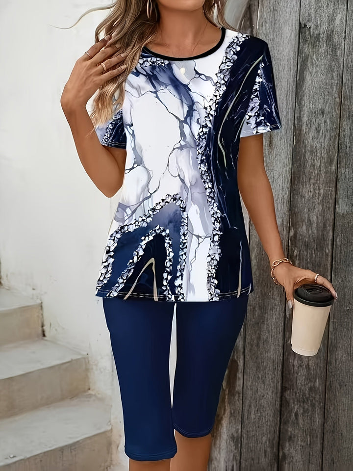 Bequemes Damen-Zweiteiler-Set mit abstraktem Print, Frontalansicht