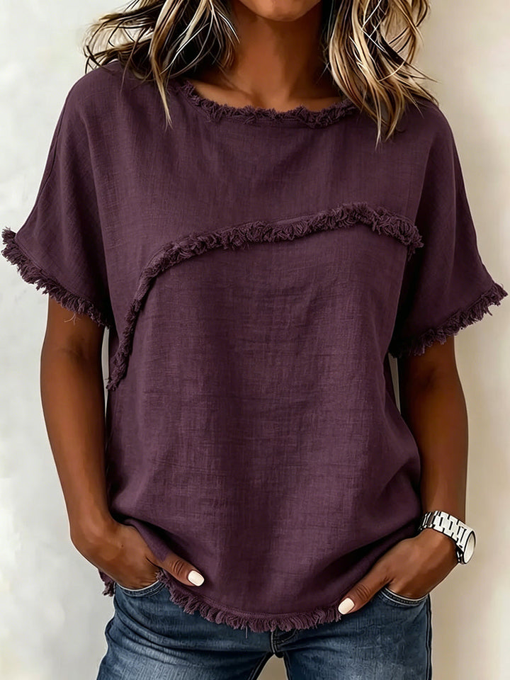 Einfarbiges Damen T-Shirt mit Fransen-Detail und Rundhalsausschnitt