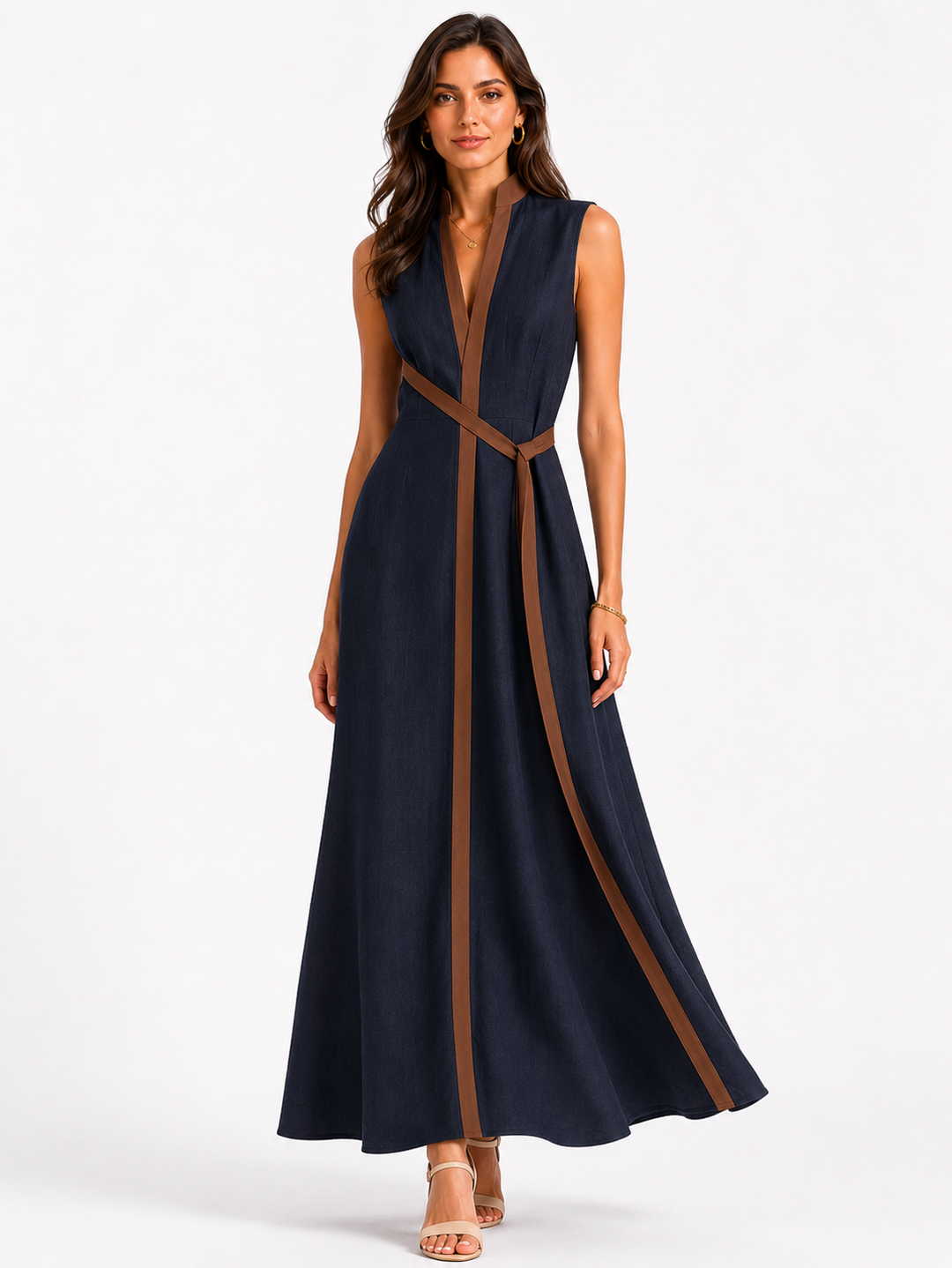 Ärmelloses Midikleid mit Stehkragen für Damen, lockere Passform