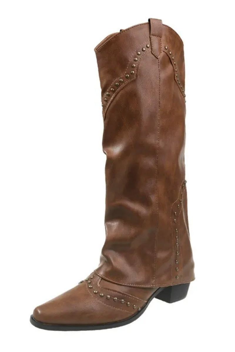 Vintage Lederstiefel mit Nieten und hohem Schaft