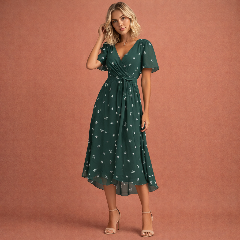 Midi-Kleid mit Blumenmuster und kurzen Ärmeln für Damen