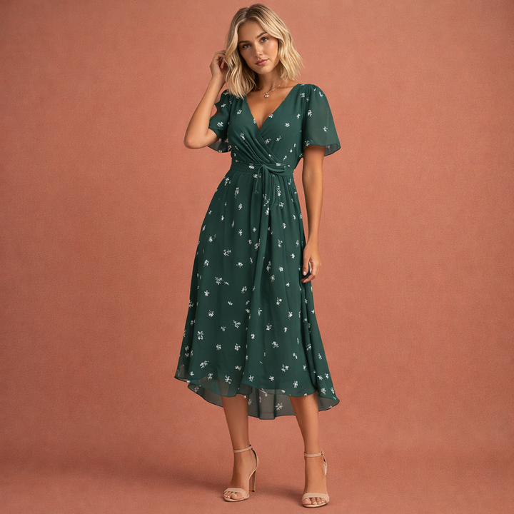 Midi-Kleid mit Blumenmuster und kurzen Ärmeln für Damen