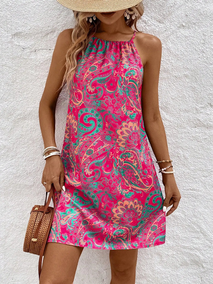 Damen Paisley-Muster Neckholder Mini Kleid Ärmelloses Sommerkleid