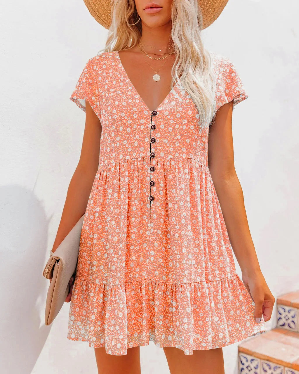 Damen Sommer Blumen V-Ausschnitt Falten Mini Kleid