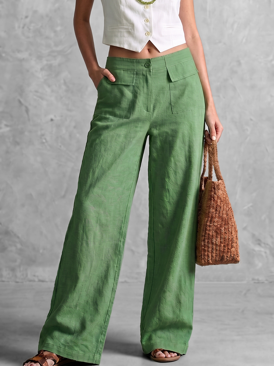 Damen weite High-Waist-Hose in Grün mit Knöpfen vorne