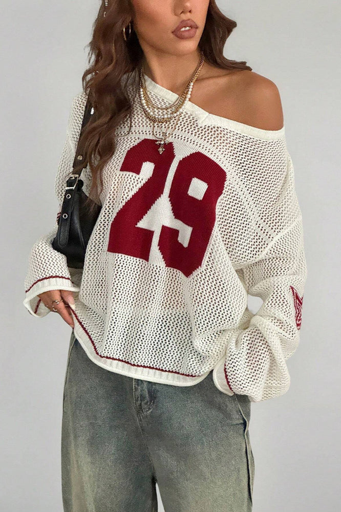 Gemütlicher V-Ausschnitt Strickpullover mit Digitaldruck
