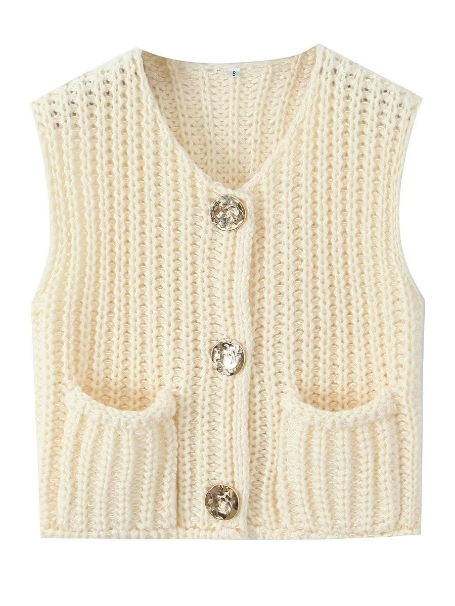 Damen Strickcardigan Ärmellos Mit Knöpfen Und Taschen