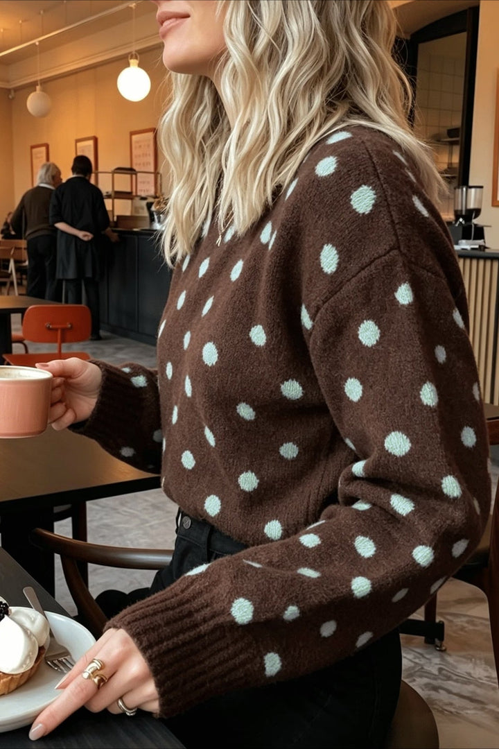 Detailansicht des hellblauen Tupfenmusters auf dem braunen Strickpullover