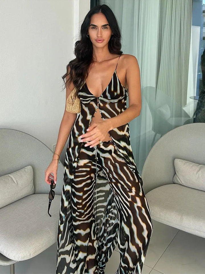 Damen Transparente Chiffon Hosen mit weitem Bein Blaues Zebra Muster Set