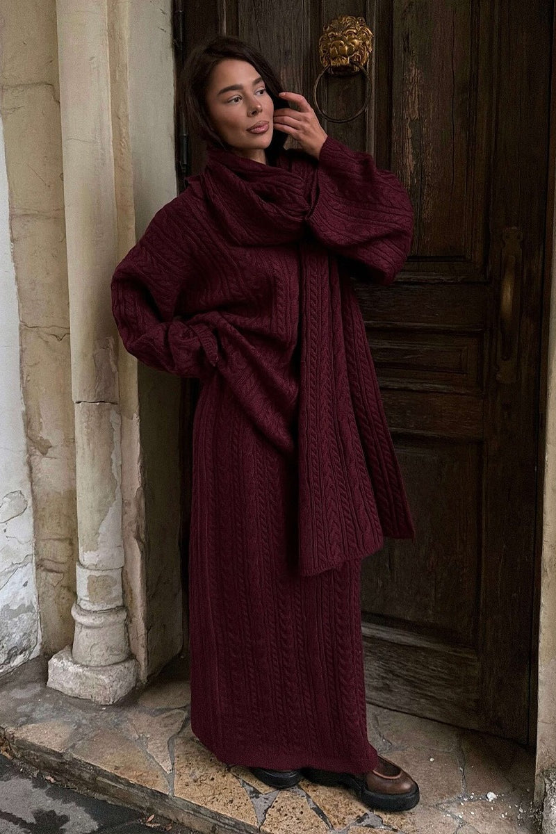 Damen-Strickset mit Polokragen und langem Maxirock